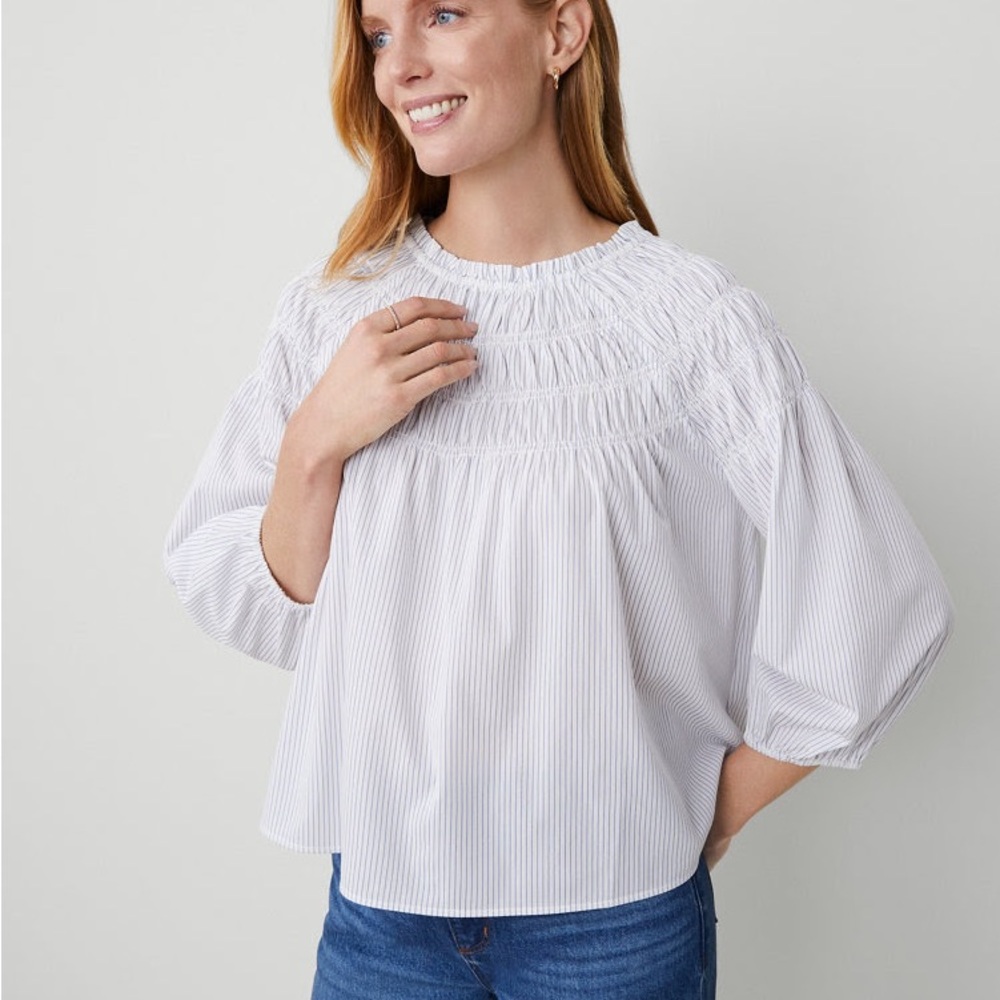 Ann Taylor Petite Striped Smocked Shoulder Top